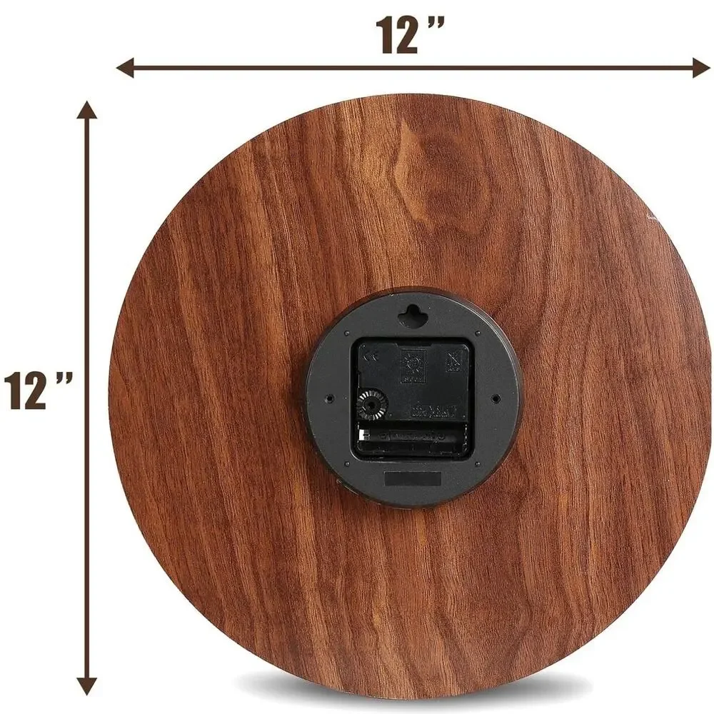 12in Wood plank rustic style round, frameless wall clock silent quartz movement